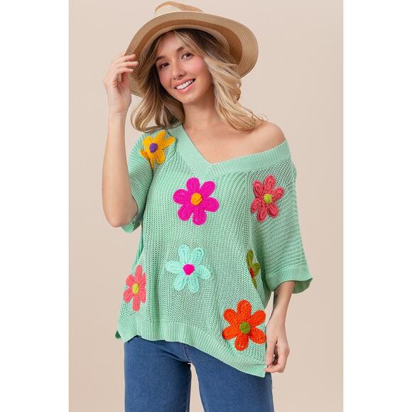 BiBi Flower Patches Dolman Sleeves V-Neck Lightweight Relaxed Fit Sweater | Sage - Picture 8 of 8